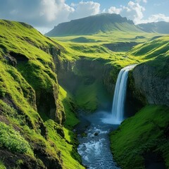 A breathtaking landscape featuring a flowing waterfall amidst verdant hills and a cloudy sky, perfect for nature-themed projects, travel promotions, or environmental campaigns,