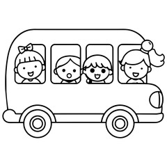School kids students children riding in bus going to school silhouette line art vector illustration
