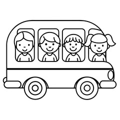 school kids in bus line art vector illustration