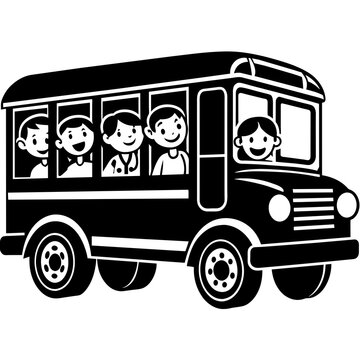 recommend clip art: School kids students children riding in bus going to school silhouette line art vector illustration