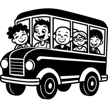 recommend clip art: School kids students children riding in bus going to school silhouette line art vector illustration