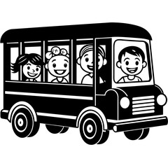 School kids students children riding in bus going to school silhouette line art vector illustration