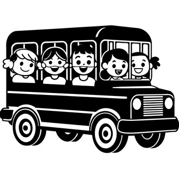 recommend clip art: School kids students children riding in bus going to school silhouette line art vector illustration
