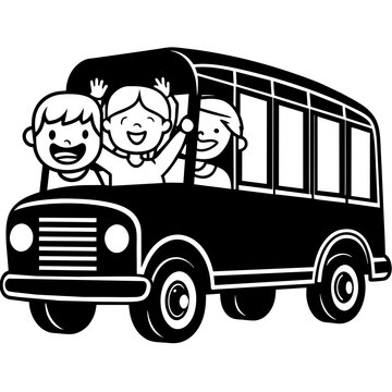 recommend clip art: School kids students children riding in bus going to school silhouette line art vector illustration