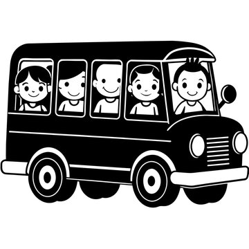 recommend clip art: School kids students children riding in bus going to school silhouette line art vector illustration