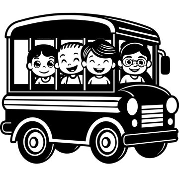 recommend clip art: School kids students children riding in bus going to school silhouette line art vector illustration