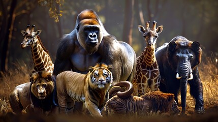 A group of wild animals including a gorilla, lion, tiger, giraffe, and elephant standing together in a forest.