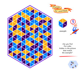 Logic puzzle game for children and adults. Can you find 5 cubes hidden in the picture that match the example? Develop spatial thinking. Task for attentiveness. Brain teaser book. Vector illustration.