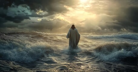 Jesus walking on the water in stormy seas
