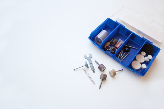 Dremel rotary tool accessory set, dremel heads kit, sander. Instrument for handwork, industry, woodwork, repair and maintenance.