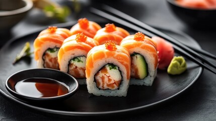 Raw salmon sushi rolls with colorful ingredients, presented on a sleek black plate with dipping sauce and chopsticks
