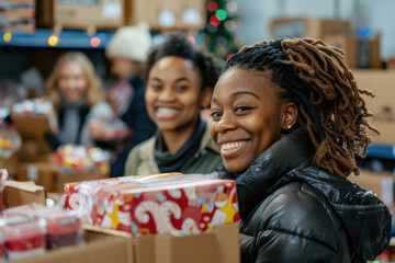 Smiling volunteers at a holiday charity event gifting toys to children, capturing the joy of giving and community involvement.. AI generated.