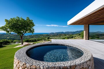 Country house with a stone well, the sound of water splashing bringing a refreshing coolness to the hot summer day