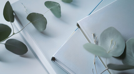 simple white square photo book with blank pages is placed on top of two books in a light blue, and next to it lies one silver leaf shaped plant ornament, all resting flat on the table