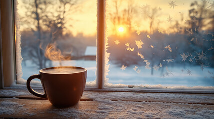 Obraz premium Warm coffee mug and frosty window with sunrise creating a cozy winter morning atmosphere