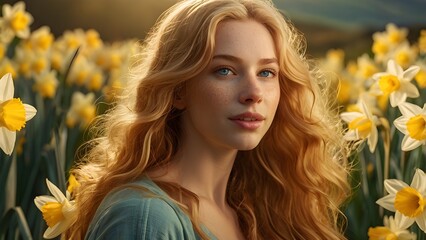 Naklejka premium Portrait of a Serene Woman in a Field of Daffodils