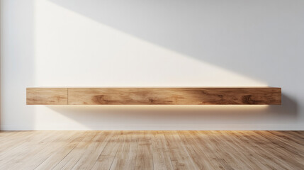 a simple wooden floating cabinet on a white wall with a wood floor, an interior design concept for a home decoration mock-up in a living room