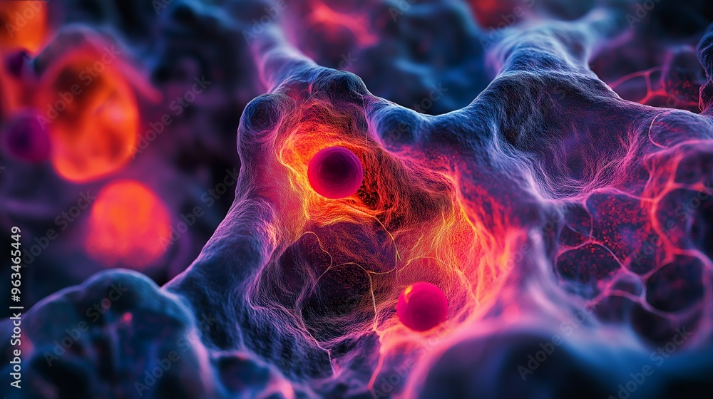 Aufkleber abstract 3d render of a glowing cell with a textured, organic surface.