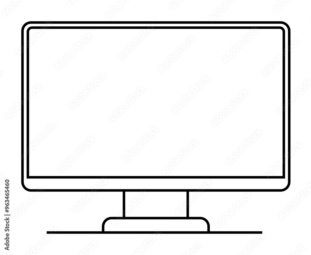 Poster a simple black-and-white outline of a computer monitor with a rectangular screen on a stand. ideal f