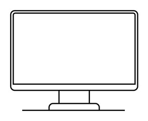 A simple black-and-white outline of a computer monitor with a rectangular screen on a stand. Ideal for technology, electronics, office, digital workspaces, and home offices.