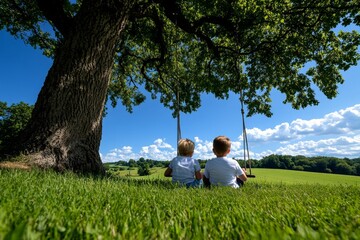 Country house with a tree swing, children laughing as they play under the canopy of a tall oak, its leaves rustling in the summer breeze
