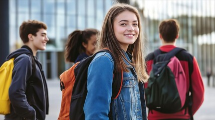 Obraz premium A group of young people walking down a street with backpacks
