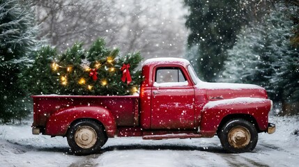Red vintage truck loaded with a Christmas tree and festive holiday decorations, driving through a snowy forest, creating a warm and nostalgic holiday scene.