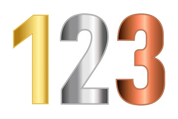 Gold number 1, silver number 2, bronze number 3 on transparent background