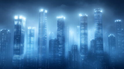 Misty night skyline with illuminated skyscrapers and fog