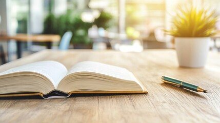 Freshly opened book with a pen beside it