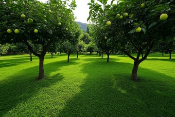 Country house with an orchard nearby, trees heavy with ripe fruit as the sweet scent of apples and peaches fills the warm air