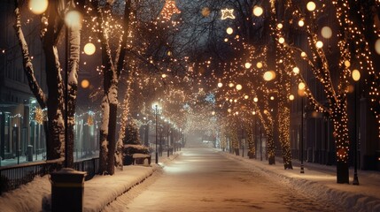 Snowy Street Illuminated by Christmas Lights at Night