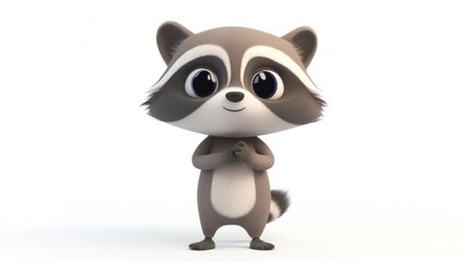 A cute, cartoon raccoon character with big eyes, standing and smiling.