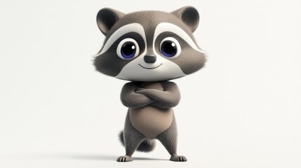 A cute, cartoon raccoon character with a friendly expression and crossed arms.