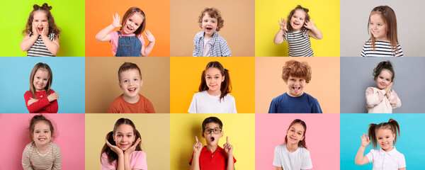 Many cute children on different colors backgrounds, collage of photos