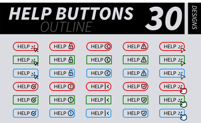 Complete set of professional help buttons with hand pointer, arrow pointer and other related icons with outline design