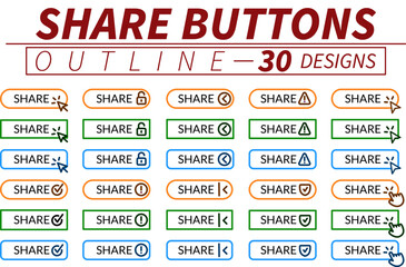 Complete set of professional share buttons with hand pointer, arrow pointer and other related icons in outline design