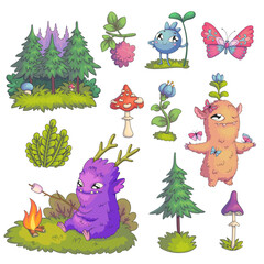 Fototapeta premium Vector set of stickers with natural details and cute cartoon characters. Hand-drawn illustrations with funny forest spirits and plants isolated on white.