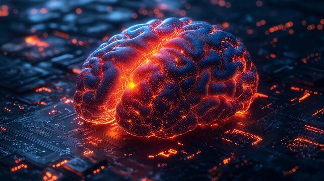 Futuristic Artificial Brain with Glowing Neural Pathways, Illuminating a Circuit Board, Symbolizing AI, Machine Learning, and Advanced Technology