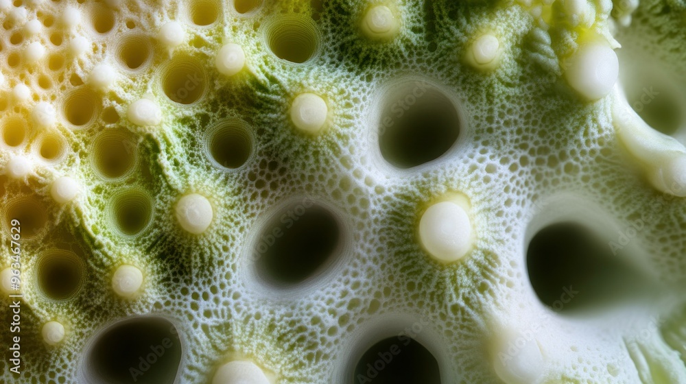 Poster close-up of the textured surface of a green and white object