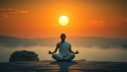 Monje meditando al atardecer, meditaci&oacute;n, zen, bienestar, salud, mente