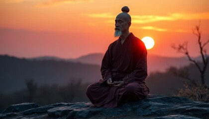 Obraz premium Monje meditando al atardecer, meditación, zen, bienestar, salud, mente