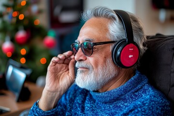Elderly man enjoying music on the radio as his caregiver makes sure the volume is just right for his hearing