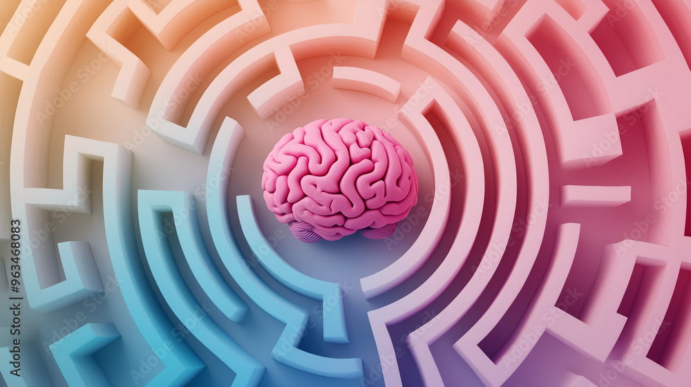 Poster 3d rendering of a pink brain model in the middle of the maze. pastel colors.