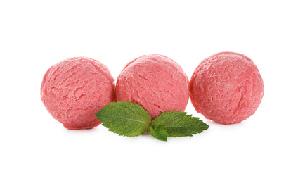 Scoops of tasty watermelon sorbet and mint isolated on white