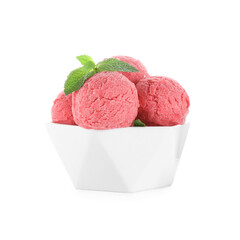 Scoops of tasty watermelon sorbet with mint in bowl isolated on white