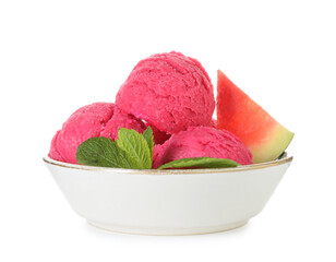 Scoops of tasty watermelon sorbet with fresh fruit and mint in bowl isolated on white