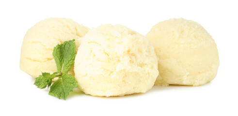 Scoops of melon sorbet and mint isolated on white
