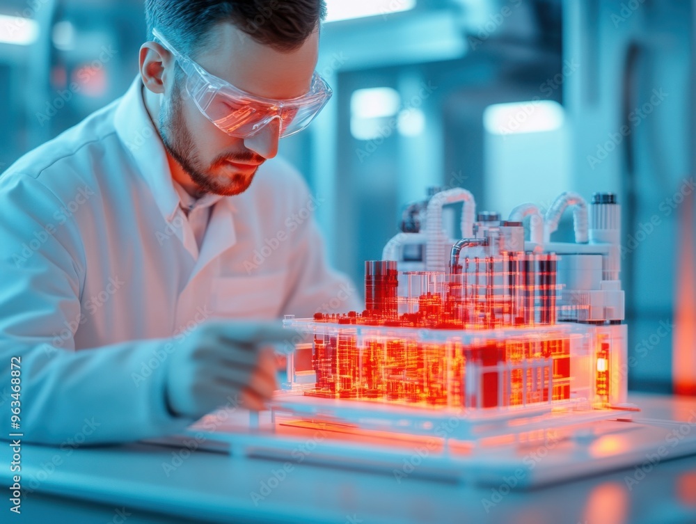 Poster mechanical engineer testing prototype, futuristic lab setting, optimization tools, 3d illustration