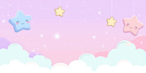A whimsical pastelcolored sky filled with adorable, cute stars and soft, fluffy clouds, creating a tranquil sense of calm and enchanting fantasy portrayed in a delightful array of colorful hues